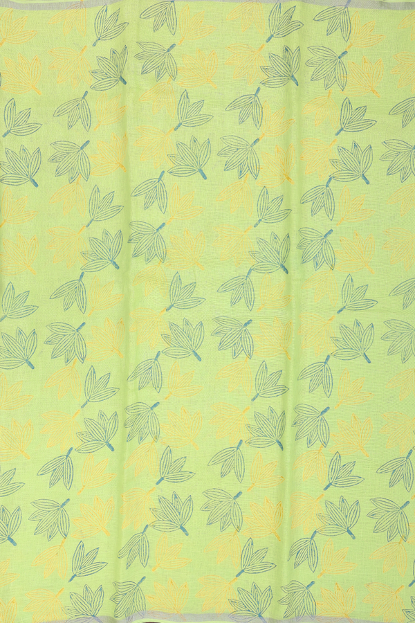 Linen Saree In Green With Leaf Design