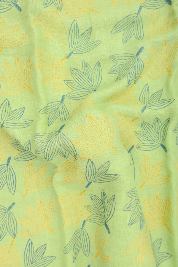 Linen Saree In Green With Leaf Design