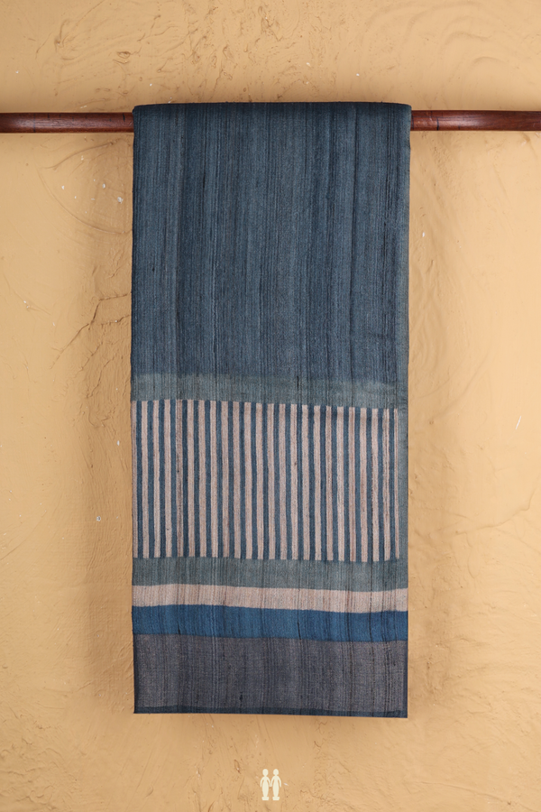 Tussar Silk Saree In Greyish Blue With Stripes Border