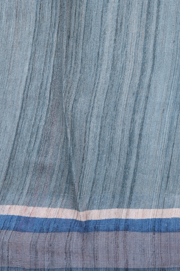 Tussar Silk Saree In Greyish Blue With Stripes Border
