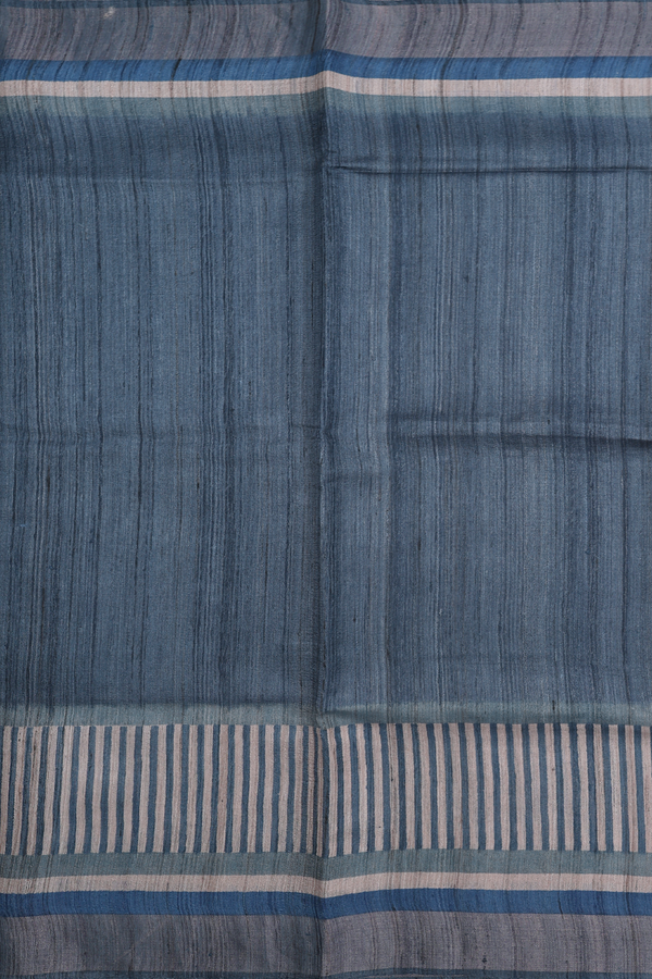 Tussar Silk Saree In Greyish Blue With Stripes Border