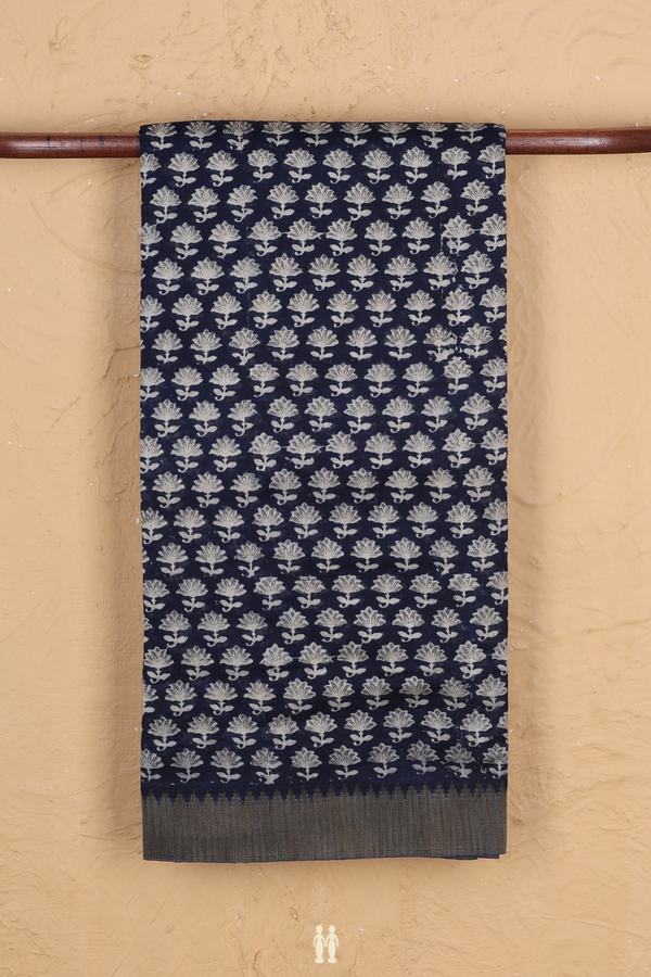 Chanderi Silk Cotton Saree In Navy Blue With Floral Buttas