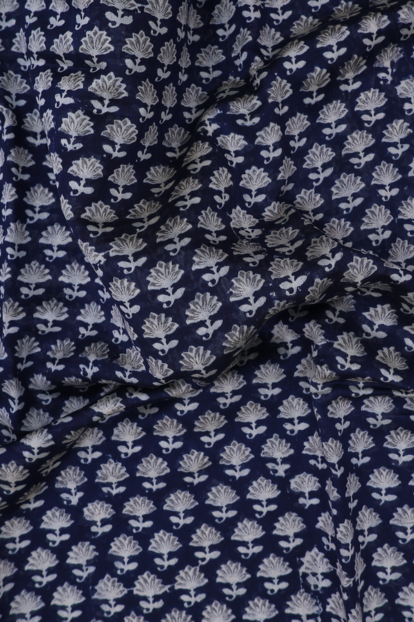 Chanderi Silk Cotton Saree In Navy Blue With Floral Buttas
