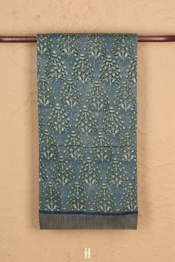 Chanderi Silk Cotton Saree In Dusty Teal With Floral Design
