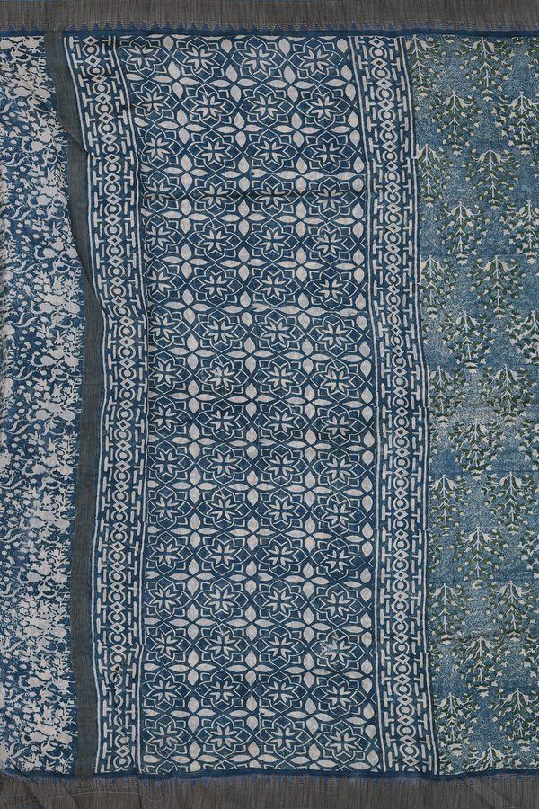 Chanderi Silk Cotton Saree In Dusty Teal With Floral Design