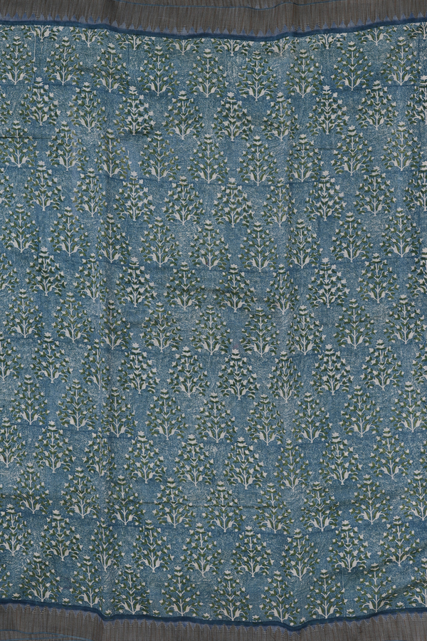 Chanderi Silk Cotton Saree In Dusty Teal With Floral Design