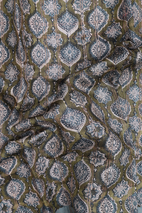 Tussar Silk Saree In Mehendi Green With Printed Design