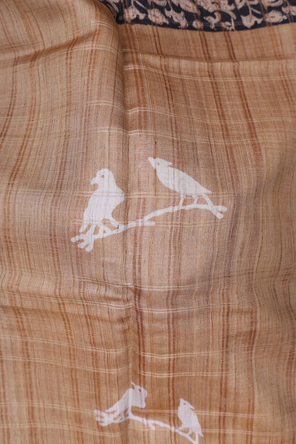 Tussar Silk Saree In Brown With Parrot Design