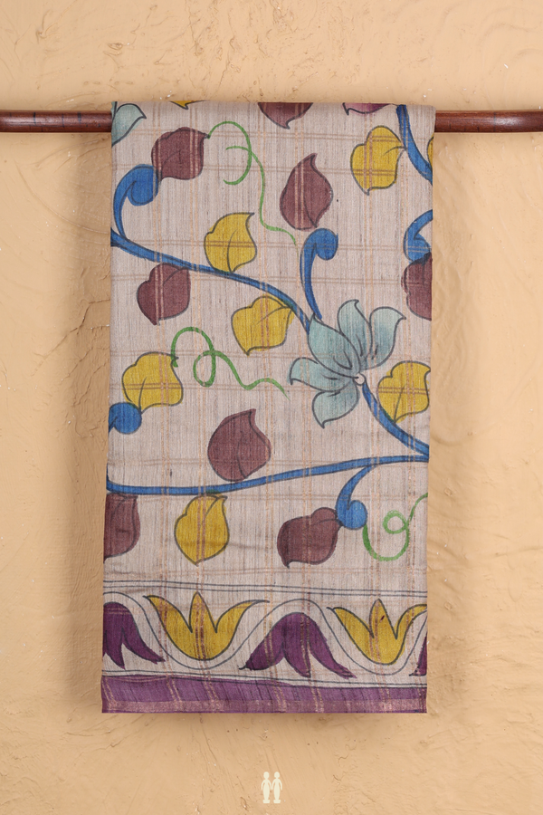 Tussar Silk Saree In Cream Color With Floral Hand Painted