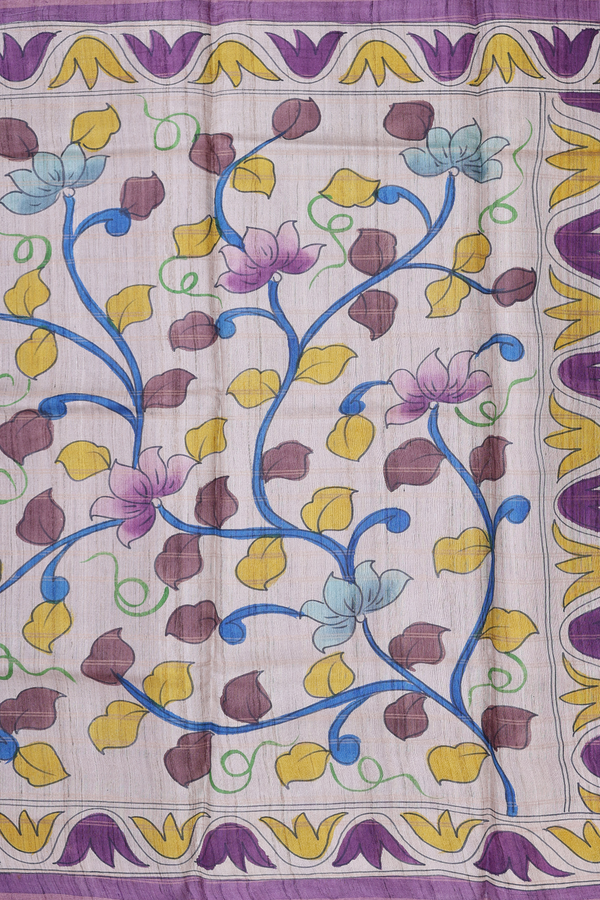 Tussar Silk Saree In Cream Color With Floral Hand Painted