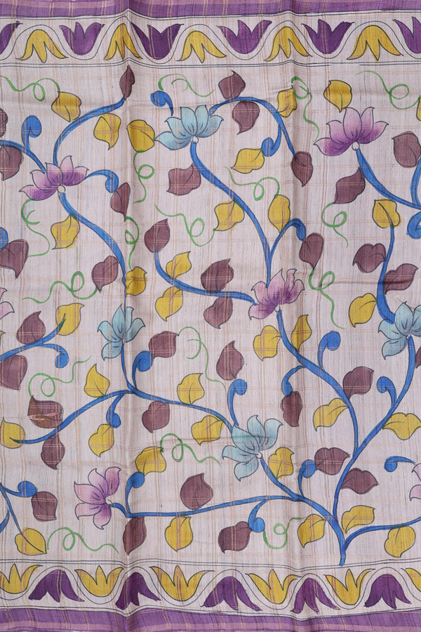 Tussar Silk Saree In Cream Color With Floral Hand Painted