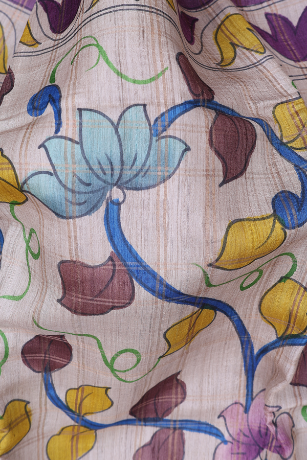 Tussar Silk Saree In Cream Color With Floral Hand Painted