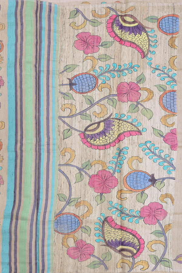 Tussar Silk Saree In Brown With Hand Painted Design