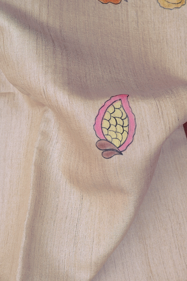 Tussar Silk Saree In Brown With Hand Painted Design