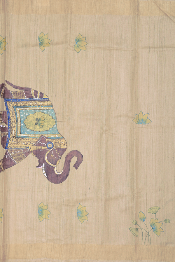Tussar Silk Saree In Cream Color With Hand Painted Design