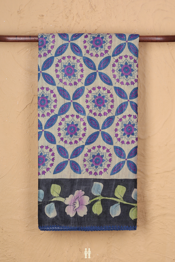 Tussar Silk Saree In Cream Color With Hand Painted Design