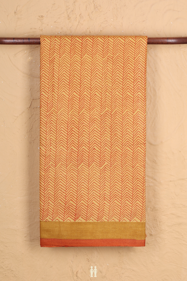 Tussar Silk Saree In Yellow And Orange With Chevron Design