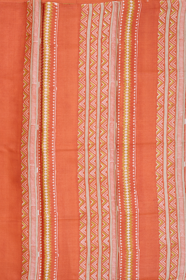 Tussar Silk Saree In Yellow And Orange With Chevron Design