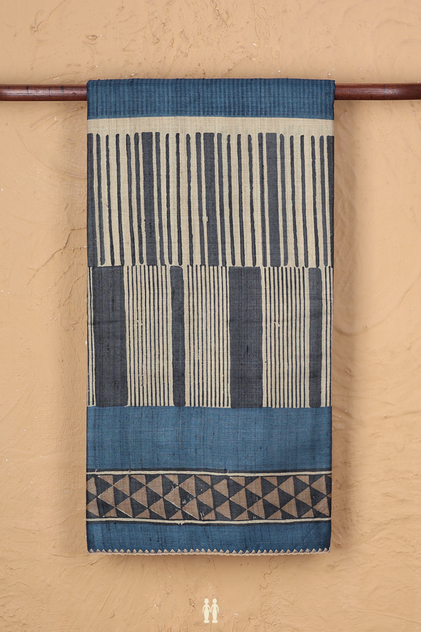 Tussar Silk Saree In Cobalt Blue With Stripes Design