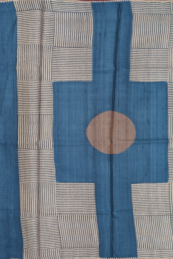 Tussar Silk Saree In Cobalt Blue With Stripes Design