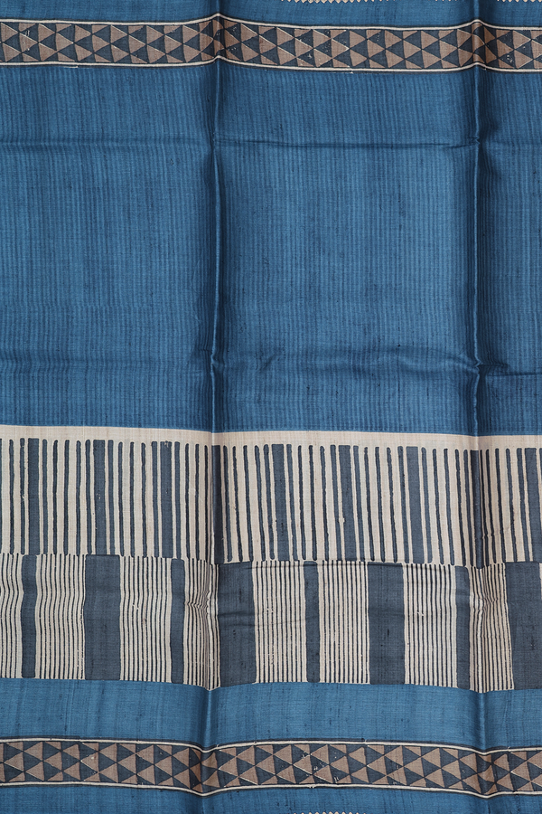 Tussar Silk Saree In Cobalt Blue With Stripes Design
