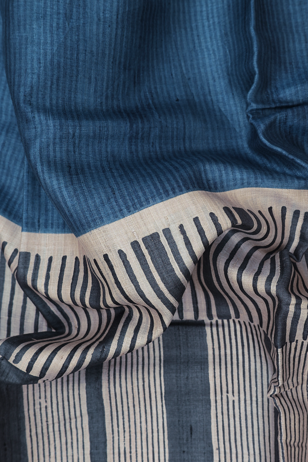 Tussar Silk Saree In Cobalt Blue With Stripes Design