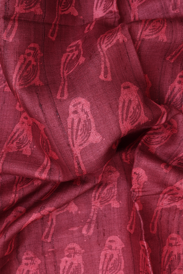 Tussar Silk Saree In Red With Parrot Design