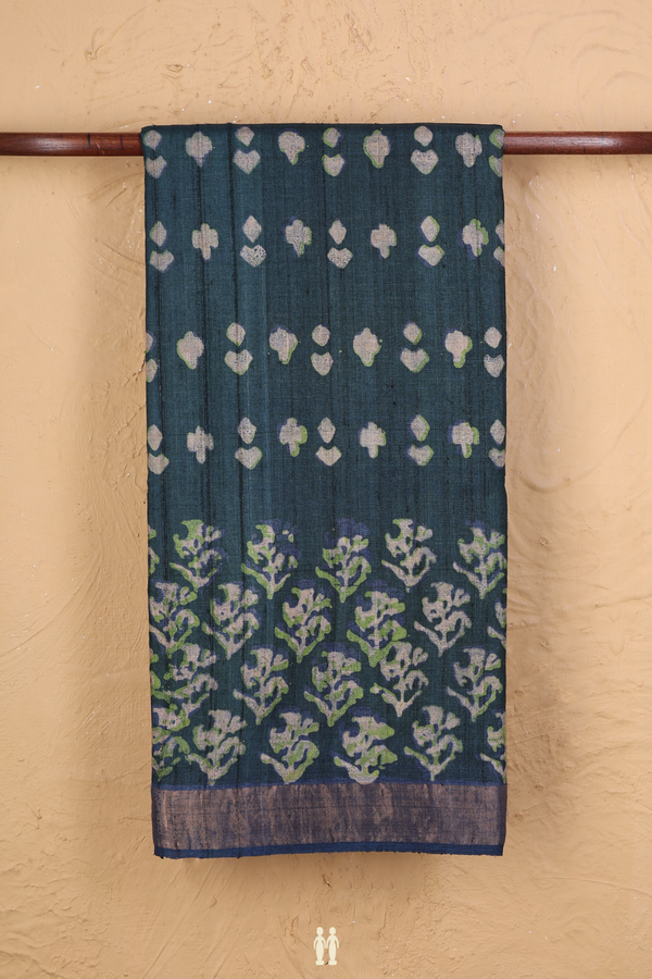 Tussar Silk Saree In Dark Green With Printed Design