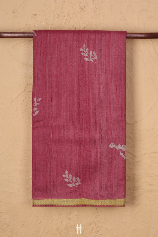 Tussar Silk Saree In Mulberry With Leaf Buttas
