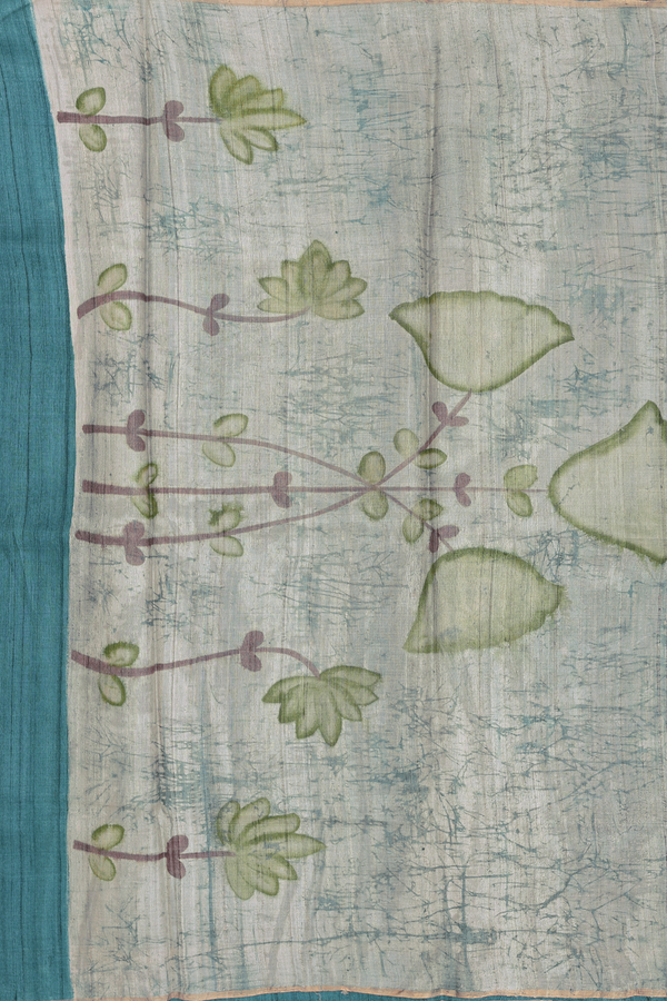 Tussar Silk Saree In Peacock Green With Floral Buttas