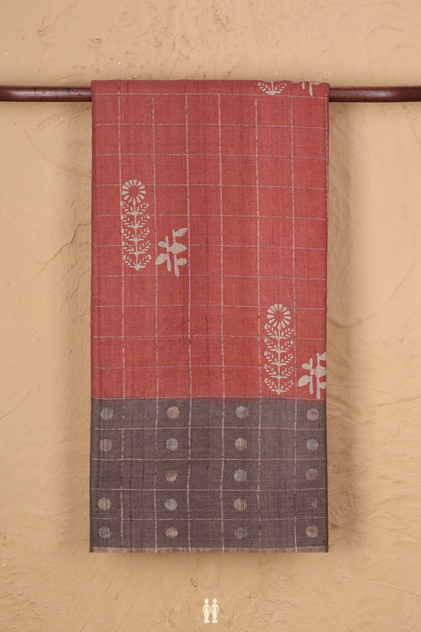 Tussar Silk Saree In Red Along Checks With Motifs