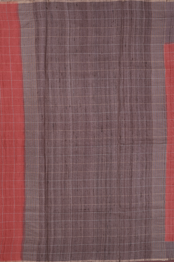Tussar Silk Saree In Red Along Checks With Motifs