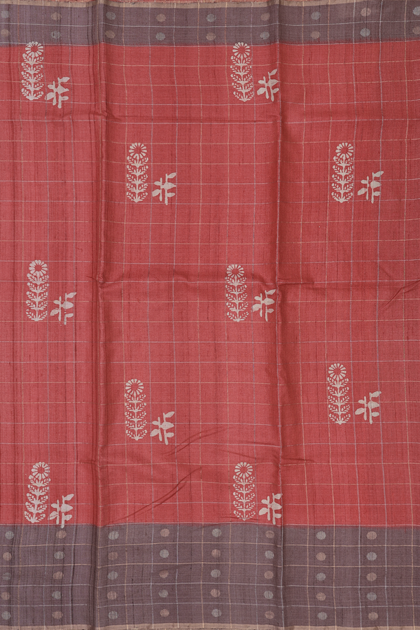 Tussar Silk Saree In Red Along Checks With Motifs