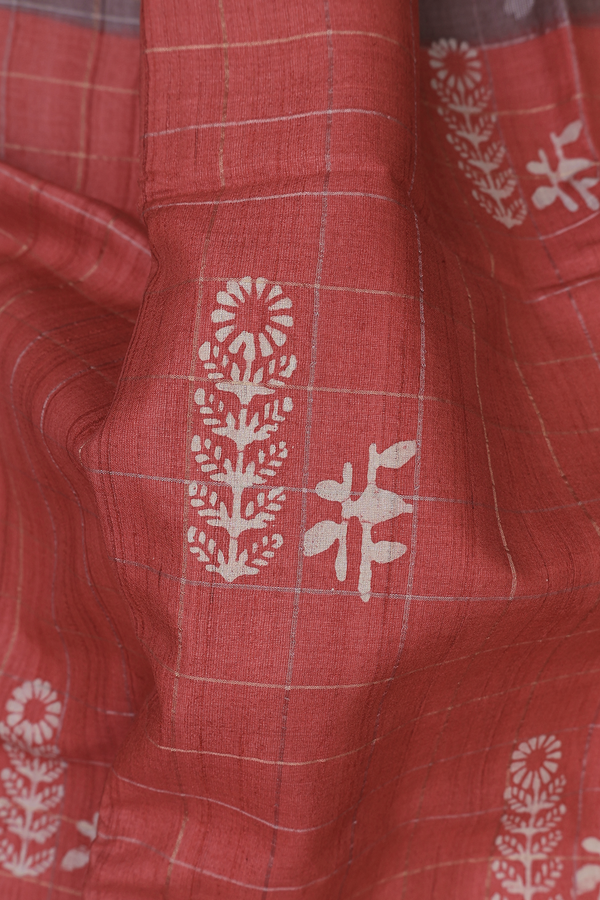 Tussar Silk Saree In Red Along Checks With Motifs