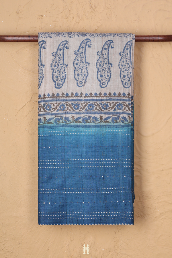 Tussar Silk Saree In Capri Blue With Stripes Design