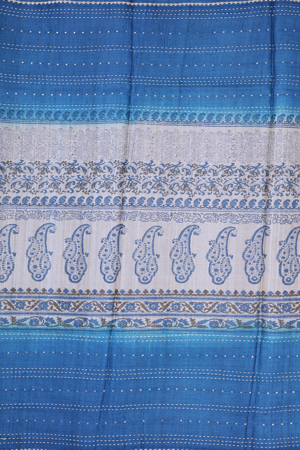 Tussar Silk Saree In Capri Blue With Stripes Design