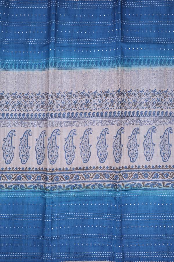 Tussar Silk Saree In Capri Blue With Stripes Design