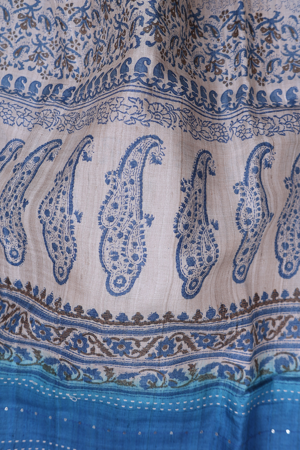 Tussar Silk Saree In Capri Blue With Stripes Design
