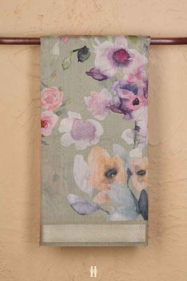 Chanderi Silk Cotton Saree In Sage Green With Floral Design