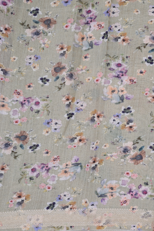 Chanderi Silk Cotton Saree In Sage Green With Floral Design
