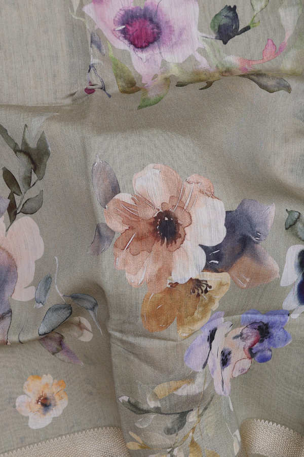Chanderi Silk Cotton Saree In Sage Green With Floral Design