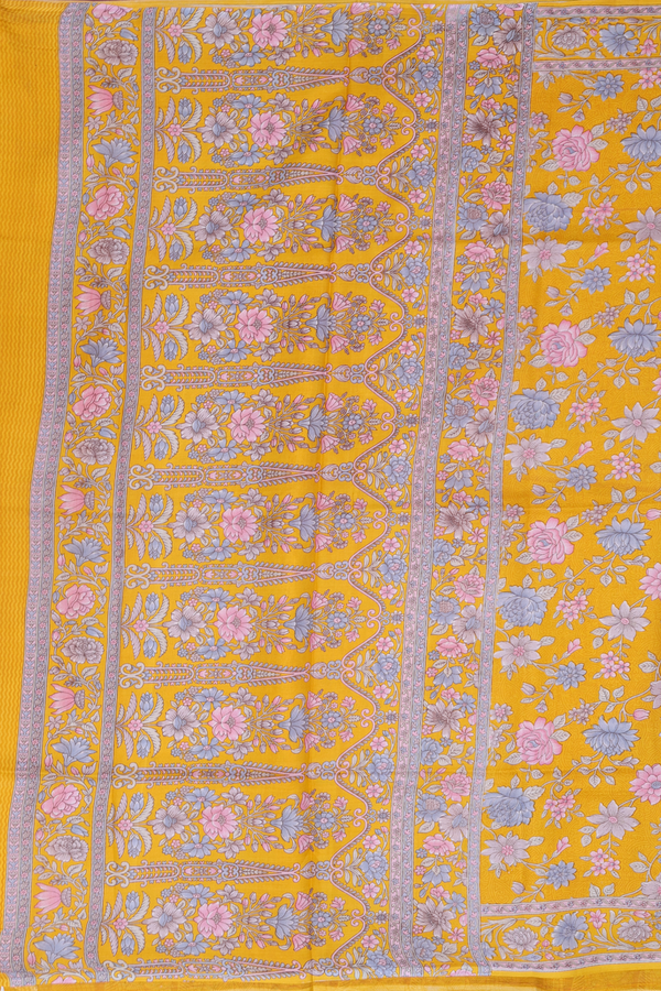 Printed Silk Saree In Honey Yellow With Floral Design