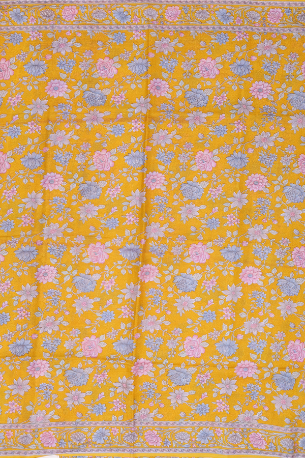 Printed Silk Saree In Honey Yellow With Floral Design