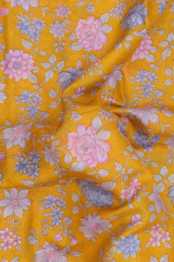 Printed Silk Saree In Honey Yellow With Floral Design