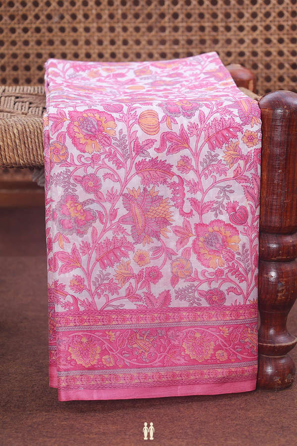 Printed Silk Saree In White With Floral Design