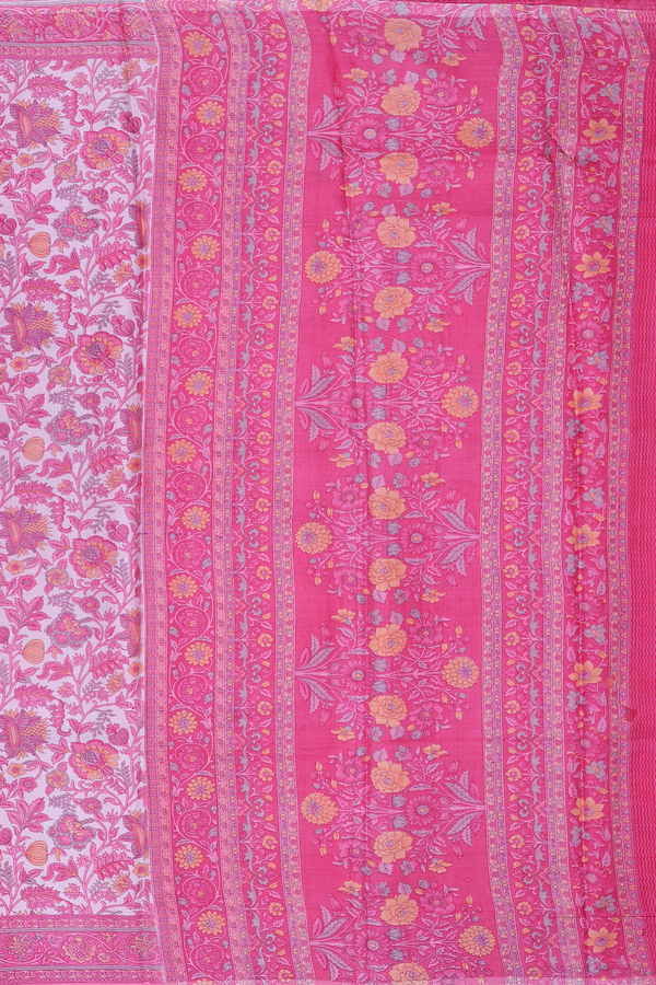 Printed Silk Saree In White With Floral Design