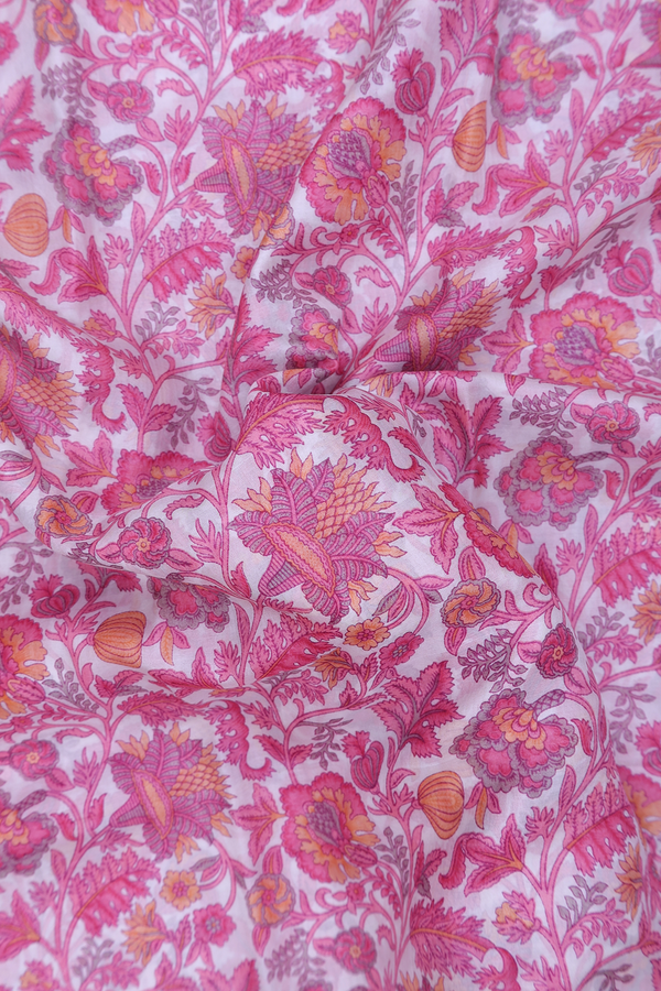 Printed Silk Saree In White With Floral Design