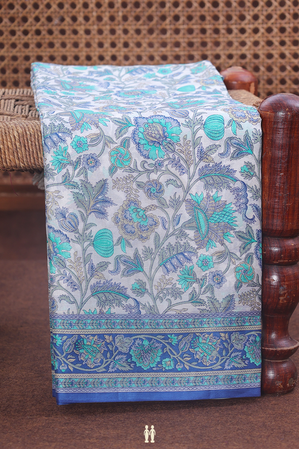 Printed Silk Saree In White With Floral Design