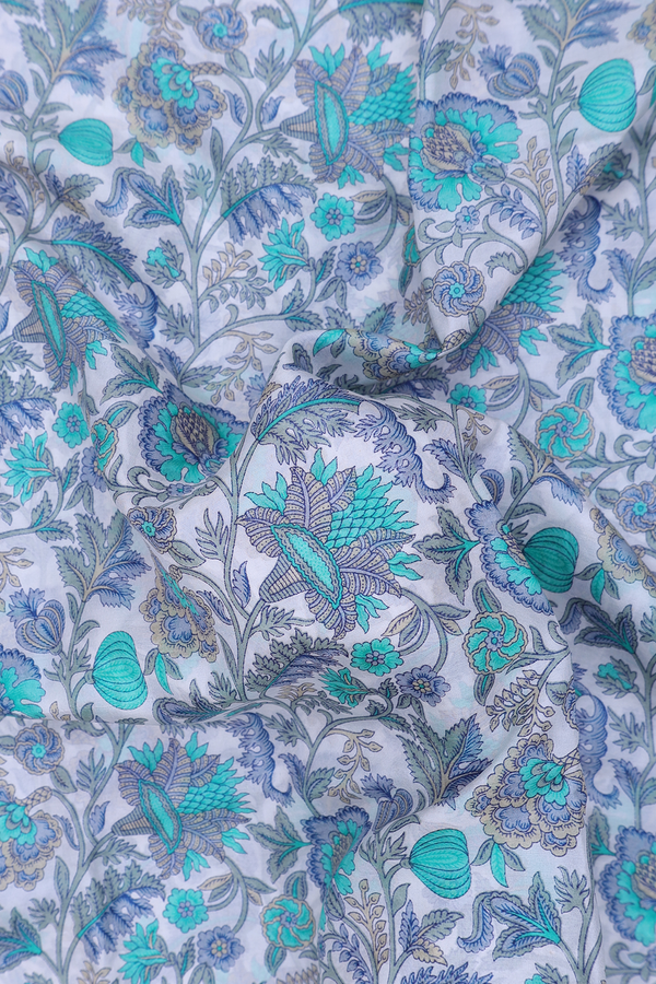 Printed Silk Saree In White With Floral Design