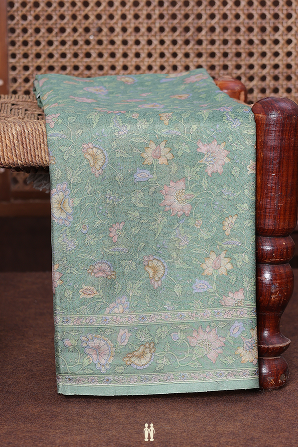 Printed Silk Saree In Dusty Green With Floral Design
